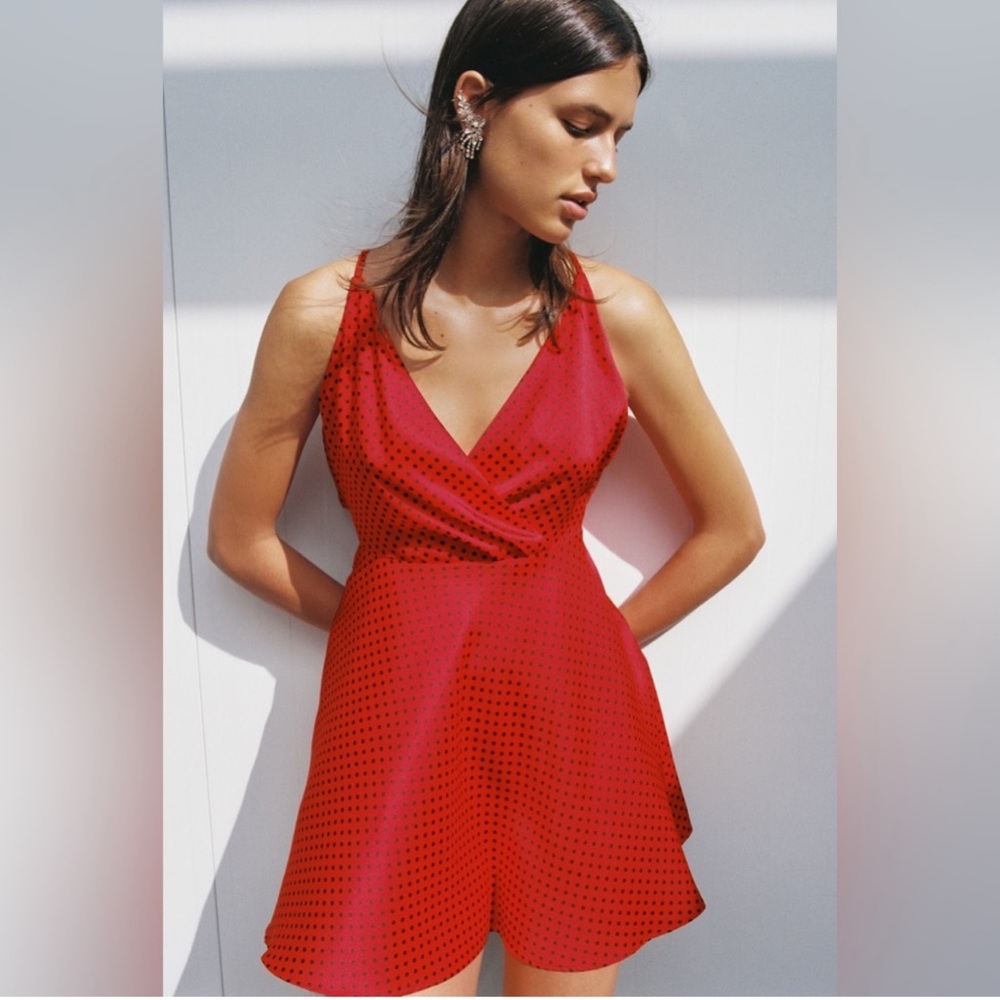 Zara Red & Black Polka Dot Slip Mini Dress size Large